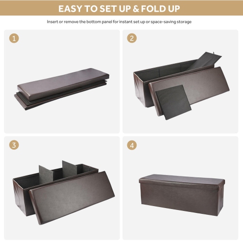 45 Inches Foldable Storage Ottoman Bench, Faux Leather Storage Bench, Storage Chest Padded Seat Footrest Stool, Brown