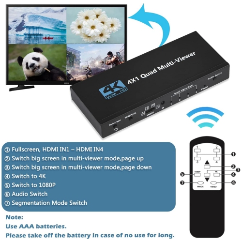 NIERBO HDMI Multiviewer Switch 4x1, Quad Seamless Switcher 4 in 1 Out with IR Remote Control, Support 4K Full HD and 5 Display Modes for Security