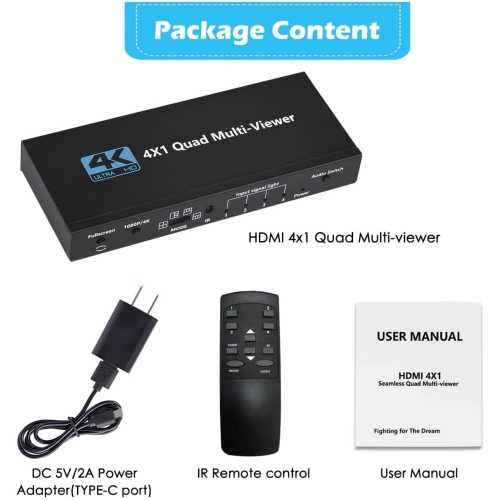 NIERBO HDMI Multiviewer Switch 4x1, Quad Seamless Switcher 4 in 1 Out with IR Remote Control, Support 4K Full HD and 5 Display Modes for Security