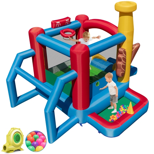 Costway Baseball Themed Jumping House Kids Bouncy Castle w/ 50 Ocean Balls & 735W Blower