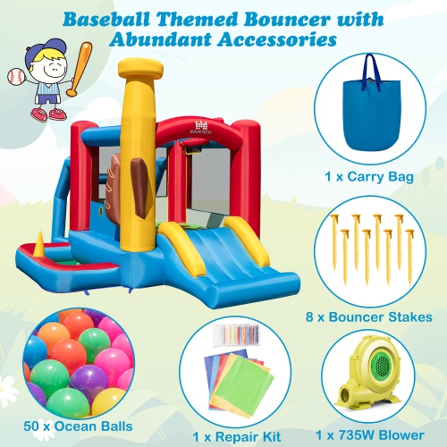 Costway Baseball Themed Jumping House Kids Bouncy Castle w/ 50 Ocean Balls & 735W Blower