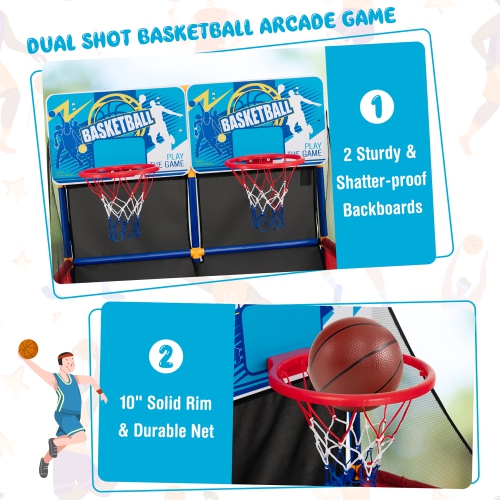 Jeu d'arcade de basketball Dual Shot de Costway pour enfants avec 4 balles pompe assemblage rapide facile cadeau