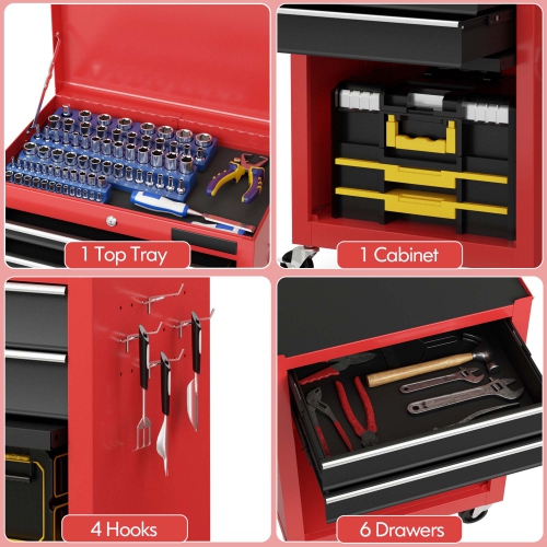 Costway 6-Drawer Rolling Tool Chest Storage Cabinet w/Riser Red\Black