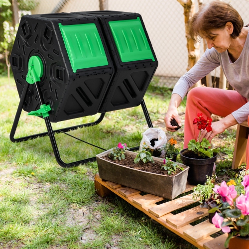 Costway Dual Chamber Compost Tumbler Outdoor Rotating Chamber Compost Bin 34.5 Gallon