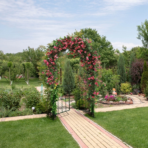 Costway Garden Arch Arbor Trellis with Gate 7.5 ft Patio Archway Pergola for Wedding