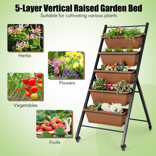 Costway 5-Tier Vertical Raised Garden Bed Elevated Planter with Wheels & Container Boxes
