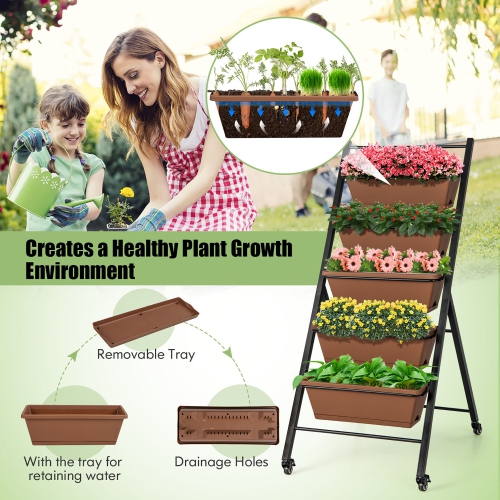 Costway 5-Tier Vertical Raised Garden Bed Elevated Planter with Wheels & Container Boxes
