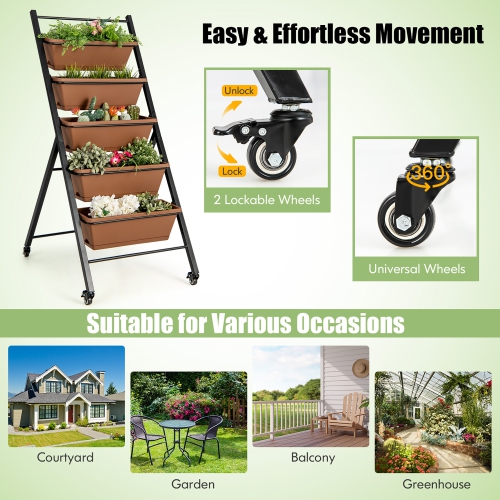 Costway 5-Tier Vertical Raised Garden Bed Elevated Planter with Wheels & Container Boxes