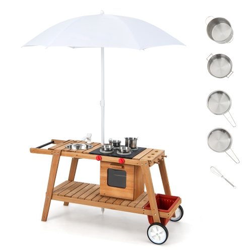 Costway Kid's Play Trolley Outdoor Wooden Kids Play Cart with Sun Umbrella for Toddlers 3+
