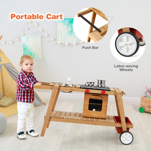 Costway Kid's Play Trolley Outdoor Wooden Kids Play Cart with Sun Umbrella for Toddlers 3+