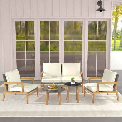 Costway 5 Piece Rattan Furniture Set Wicker Woven Sofa Set with Solid Acacia Wood Frame