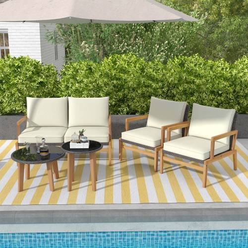 Costway 5 Piece Rattan Furniture Set Wicker Woven Sofa Set with Solid Acacia Wood Frame