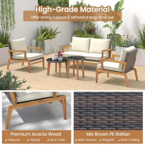 Costway 5 Piece Rattan Furniture Set Wicker Woven Sofa Set with Solid Acacia Wood Frame