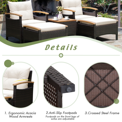 Costway 5PCS Patio Rattan Furniture Set Sofa Ottoman Cushioned Table W/Wood Top