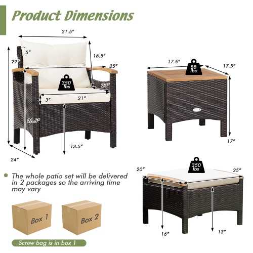 Costway 5PCS Patio Rattan Furniture Set Sofa Ottoman Cushioned Table W/Wood Top