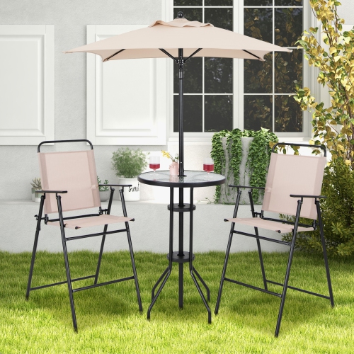 Costway 4PCS Patio Bistro Set Folding Counter Height Chairs Round Bar Table& Umbrella