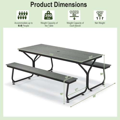 Costway 6FT Picnic Table Bench Set Outdoor HDPE Heavy-Duty Table for 6-8 Person Brown/Grey