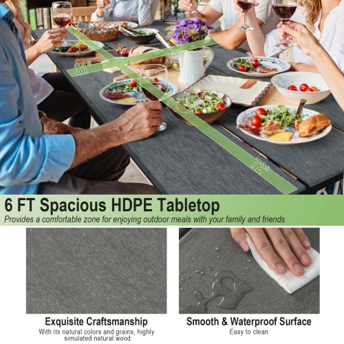 Costway 6FT Picnic Table Bench Set Outdoor HDPE Heavy-Duty Table for 6-8 Person Brown/Grey