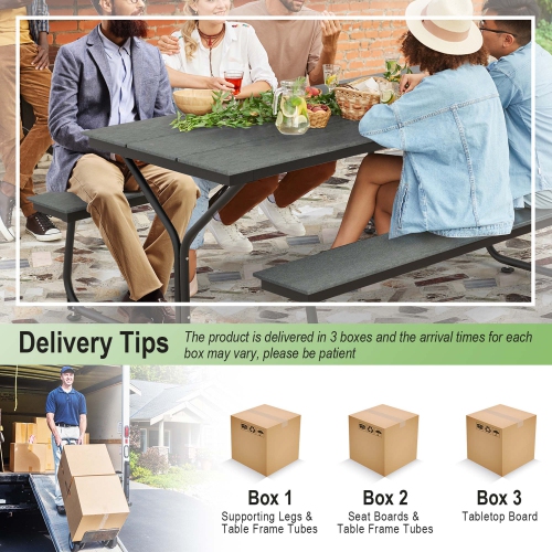 Costway 6FT Picnic Table Bench Set Outdoor HDPE Heavy-Duty Table for 6-8 Person Brown/Grey