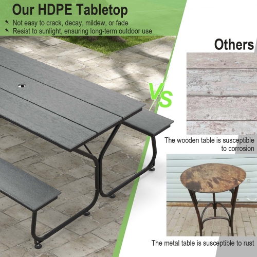 Costway 6FT Picnic Table Bench Set Outdoor HDPE Heavy-Duty Table for 6-8 Person Brown/Grey