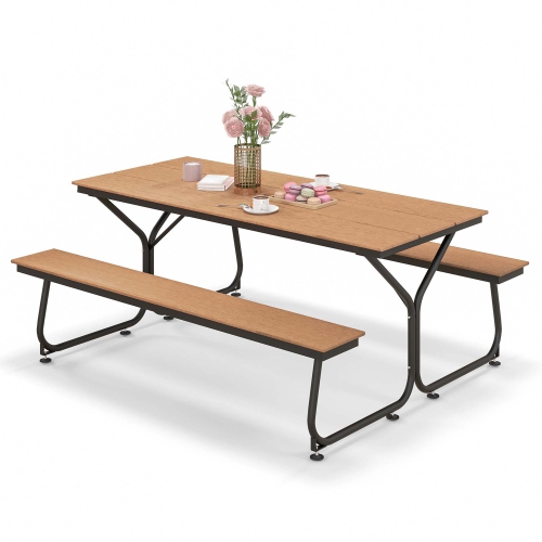 Ensemble de bancs de table à pique-nique d'extérieur en PEHD de Costway 6FT pour 6-8&nbsp;personnes, brun/gris