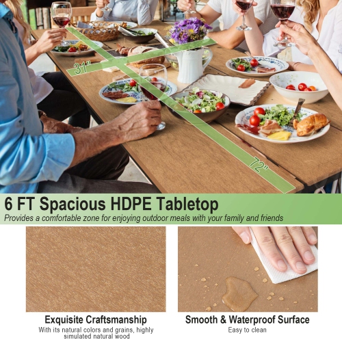 Costway 6FT Picnic Table Bench Set Outdoor HDPE Heavy-Duty Table for 6-8 Person Brown/Grey