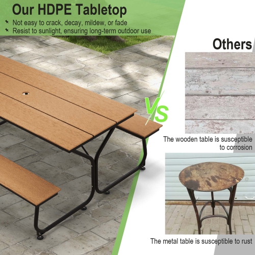 Costway 6FT Picnic Table Bench Set Outdoor HDPE Heavy-Duty Table for 6-8 Person Brown/Grey