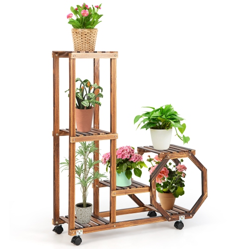 Meuble de rangement en bois à 6 niveaux et à roulettes pour plante en pot 6 de Costway avec roulettes