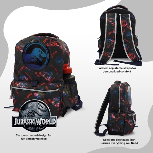Jurassic Park Backpack 16 inch Kids Backpack with Lunch Box - 6 Piece Set for Kids