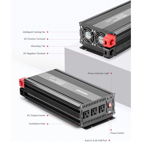 Onduleur continu-alternatif 3000 W, car Inverter DC 12 V à 120 V avec 3 prises c.a., USB 2,4 A, adaptateur de chargeur de voiture pour
