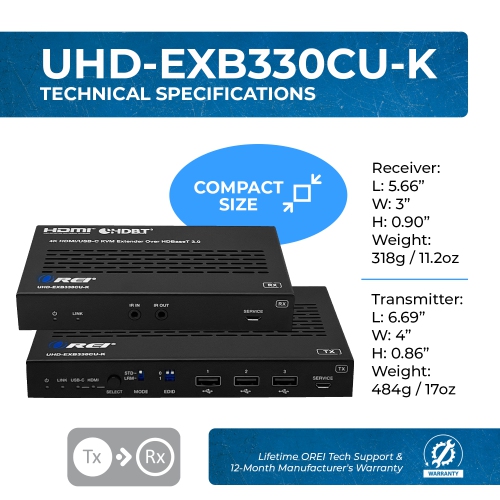 OREI 4K HDMI/USB-C HDBaseT 3.0 Extender Over CAT6/7 With KVM