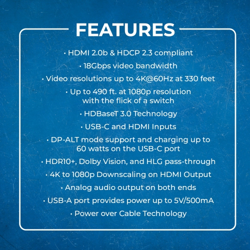 OREI 4K HDMI/USB-C HDBaseT 3.0 Extender Over CAT6/7 With KVM