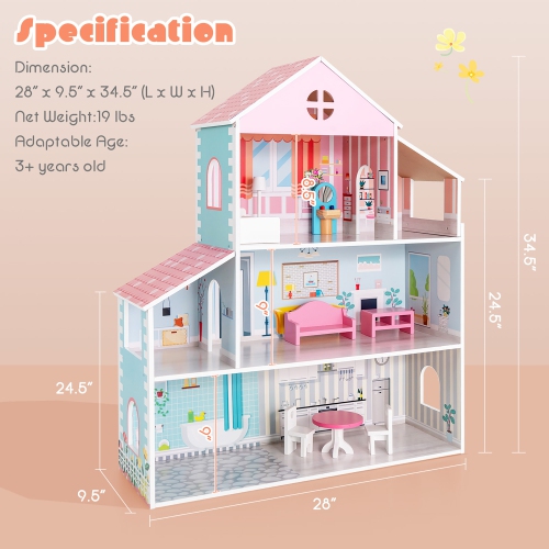 Maison de poupée en bois à 3 étages pour enfants de Costway avec meubles pour enfants de 3 ans et plus