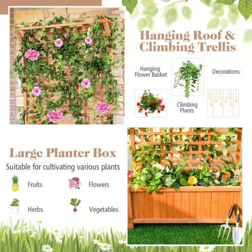 Costway Raised Garden Bed Planter Box Climbing Plants Container with Trellis &Hanging Roof