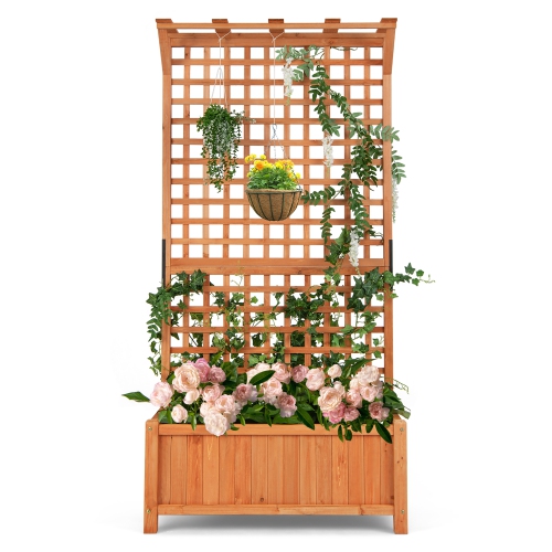 Costway Raised Garden Bed Planter Box Climbing Plants Container with Trellis &Hanging Roof