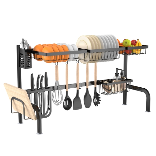 COSTWAY  Over Sink Dish Drying Rack 2 Tier Adjustable (21"-39") Length W/ 8 Hooks