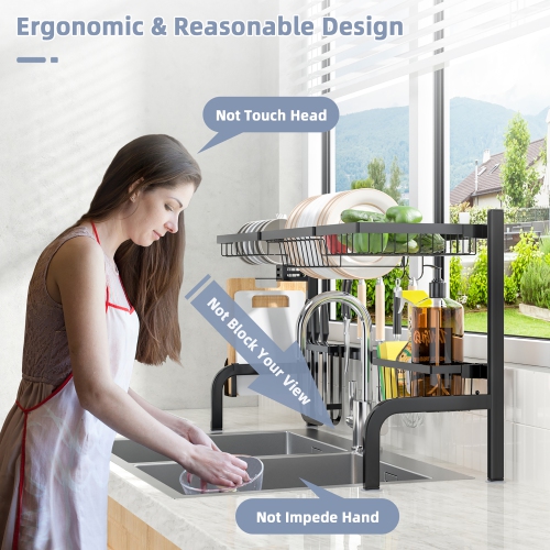 Costway Over Sink Dish Drying Rack 2 Tier Adjustable Length w/ 8 Hooks