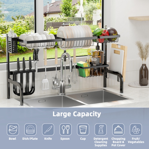 Costway Over Sink Dish Drying Rack 2 Tier Adjustable Length w/ 8 Hooks