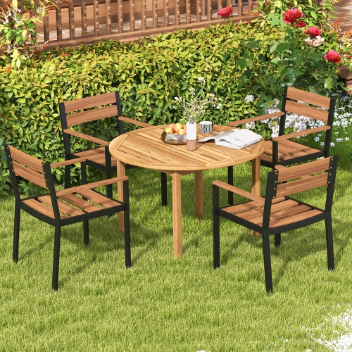 Costway Patio Dining Table Acacia Wood Round Outdoor Bistro Table 4-Person for Deck Lawn