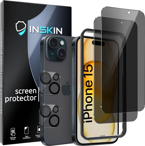 Inskin Privacy Screen Protector for iPhone 15 - 2+2 Tempered Glass for Screen & Camera Lens, Auto-Align Installation, Long-Lasting Plasma Coating, Fi