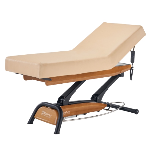 Table beauté salon lit spa à hauteur réglable et à levage électrique Atlas Liftback Master massage - dessus crème avec base chêne