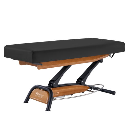 Master massage – Table beauté/lit spa plat à hauteur réglable Atlas, base chêne, dessus crème, revêtement noir interchangeable