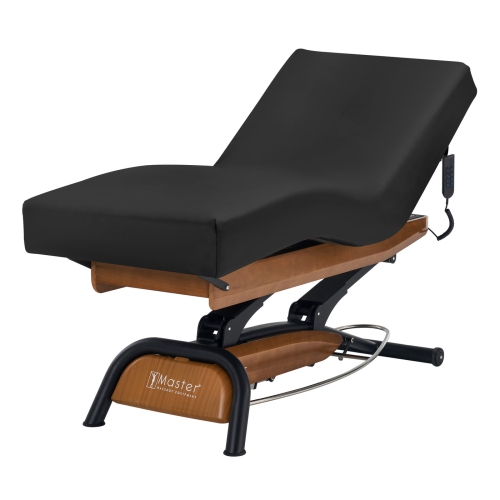 Master massage – Table beauté/lit spa réglable Atlas Deluxe à hauteur relevable électrique, base chêne, dessus crème, revêtement noir interchangeable