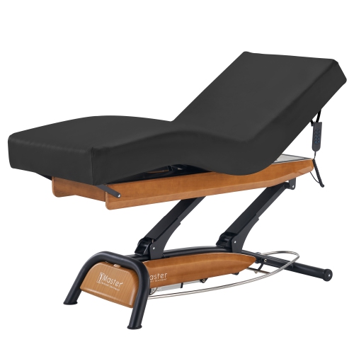 Master massage – Table beauté/lit spa réglable Atlas Deluxe à hauteur relevable électrique, base chêne, dessus crème, revêtement noir interchangeable