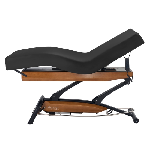 Master massage – Table beauté/lit spa réglable Atlas Deluxe à hauteur relevable électrique, base chêne, dessus crème, revêtement noir interchangeable