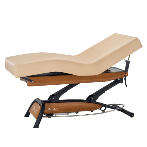 Table beauté/lit spa réglable hauteur levage électrique Atlas Deluxe Master massage -dessus crème/base chêne
