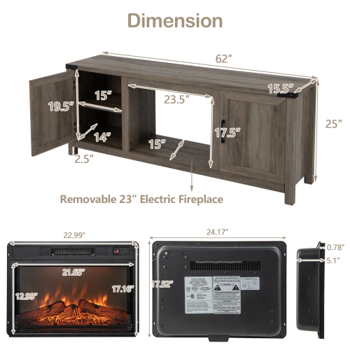 Costway 62" Fireplace TV Stand Media Console Cabinet W/23" Electric Fireplace for 70" TV