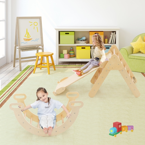 Costway 3-in-1 Kids Climber Set Toddler Wooden Play Arch with Sliding and Climbing Ramp