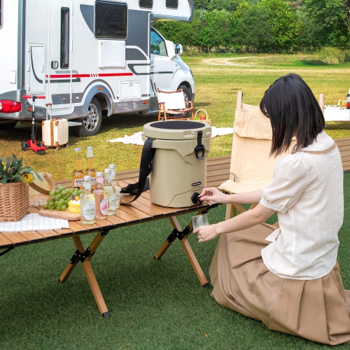 Costway 10 QT Drink Cooler Portable Insulated Ice Chest with Spigot & Shoulder Strap Beige