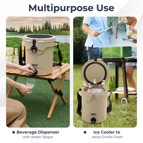 Costway 10 QT Drink Cooler Portable Insulated Ice Chest with Spigot & Shoulder Strap Beige